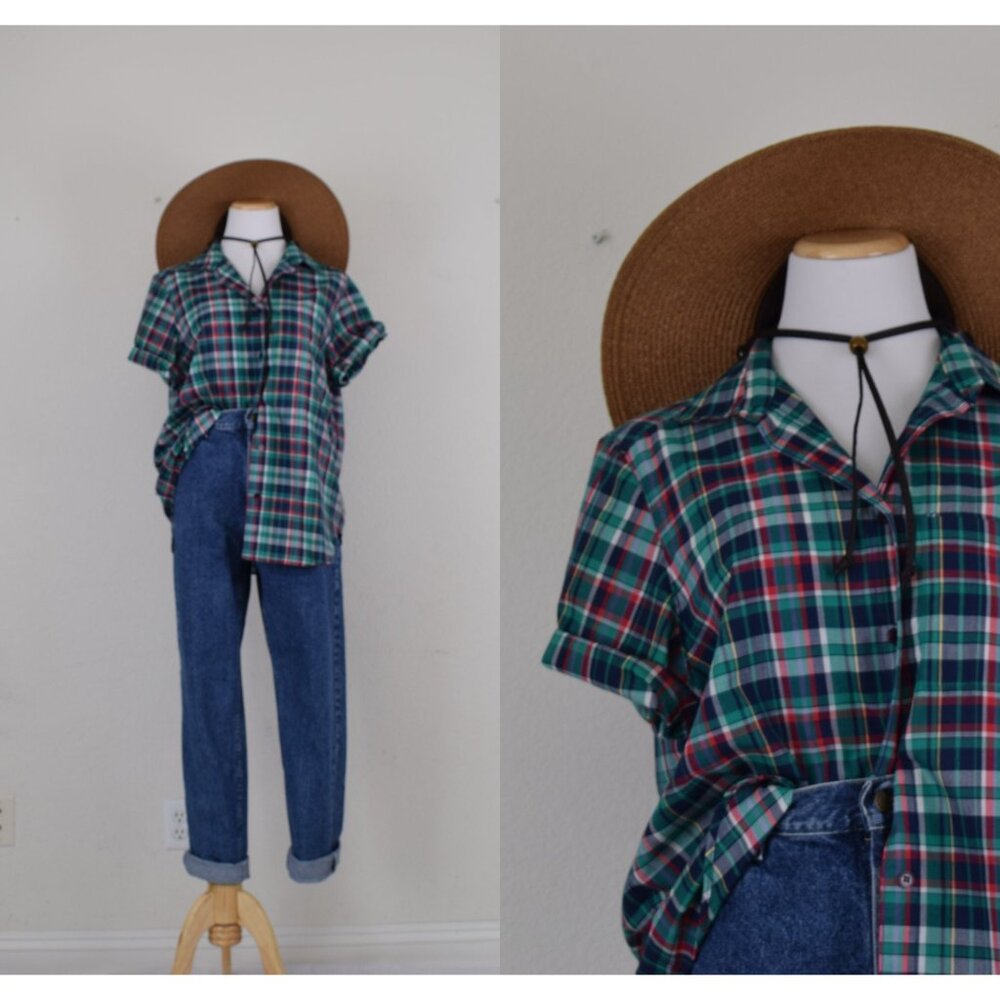 Vintage 90s Plaid Button‎ Down Blouse